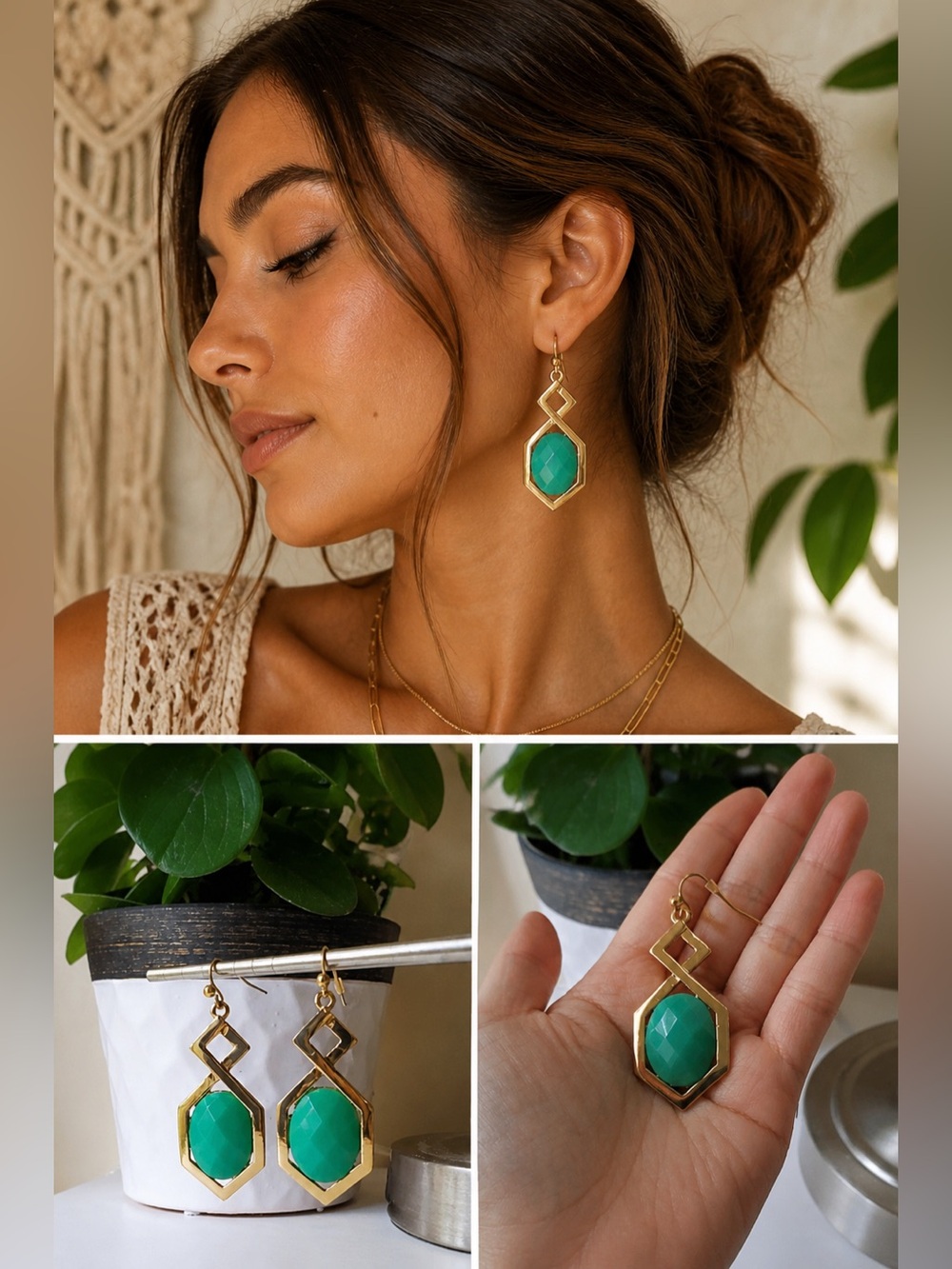 Boho Gold Green Statement Earrings Jade Inspired Dangle Chic Vacation Vibes